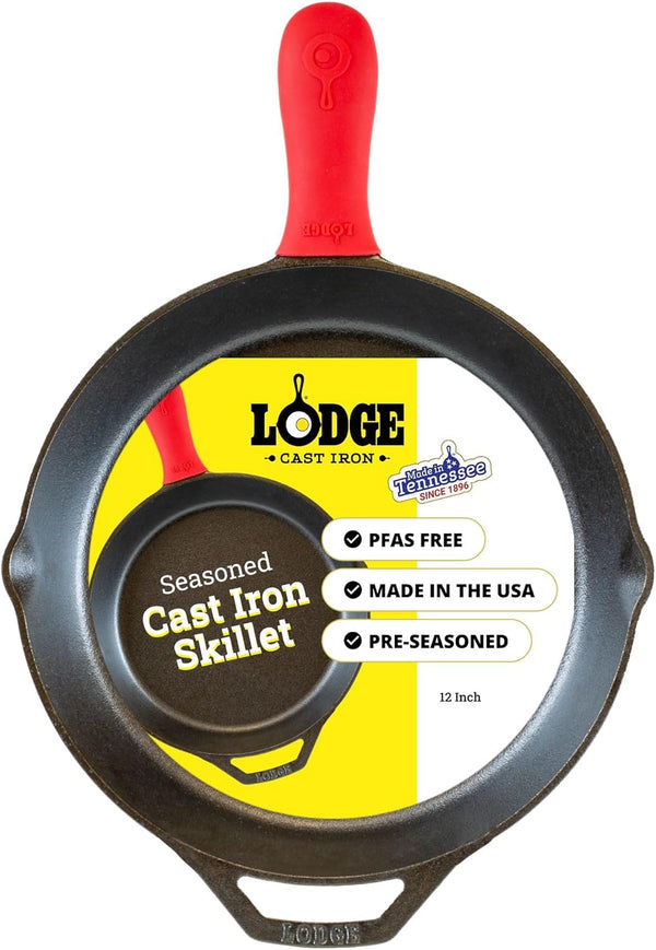 Pre-Seasoned Cast Iron Skillet with Silicone Handle Holder, 12 Inches | Non-Toxic & Naturally Non-Stick Frying Pan with Silicone Hot Handle Holder, Pan Is Safe for Oven & Stovetop Use1