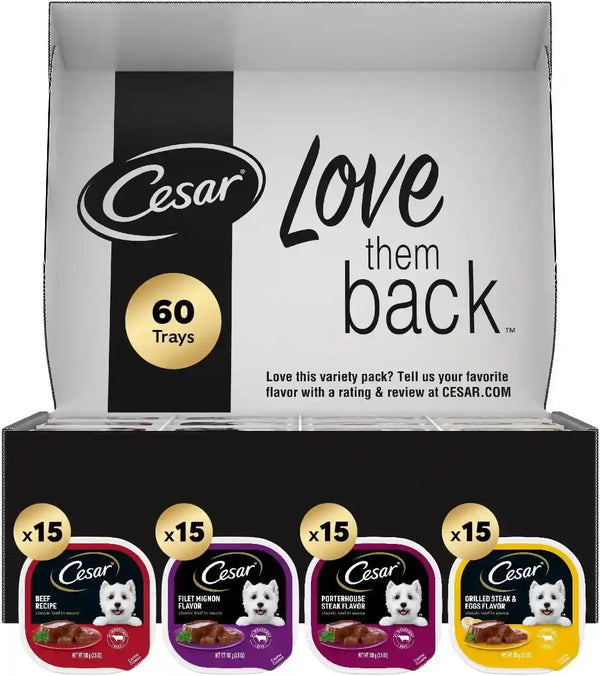 Cesar Wet Dog Food Classic Loaf in Sauce Grilled Chicken, Filet Mignon, Porterhouse Steak, Beef, Chicken & Liver and Turkey Variety Pack 3.5 Oz. Easy Peel Trays (36 Count, Pack of 1) | Made in USA, Real Meat #1 Ingredient, No Fillers or Artificial Flavors, Formulated without Grains, Easy Peel Trays22