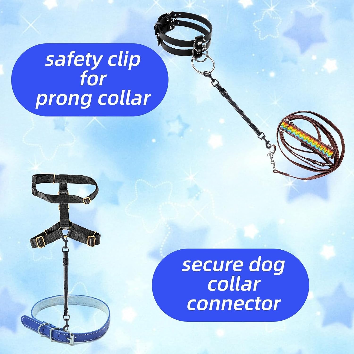2pcs-reflective-nylon-dog-collar-clips-double-ended-backup-small-medium-dog-collar-safety-clasp-clip-adjustable-harness-connector-for-pet-puppies-black
