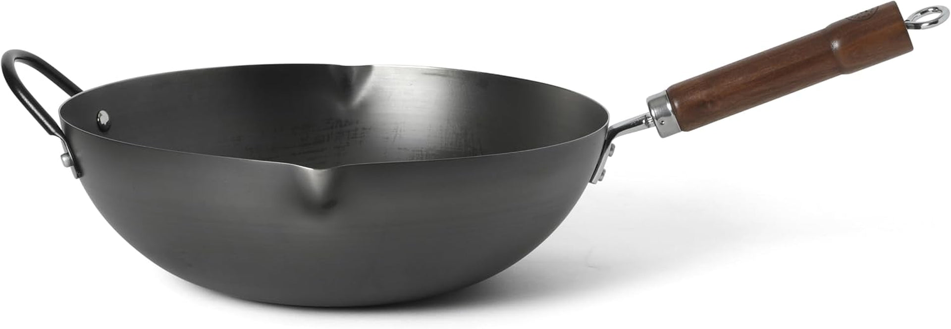 chisholm-13-5-inch-carbon-steel-nonstick-wok-pfas-free-wok-pan-flat-bottom-stir-fry-pan-with-long-walnut-wood-handle-helper-handle-black