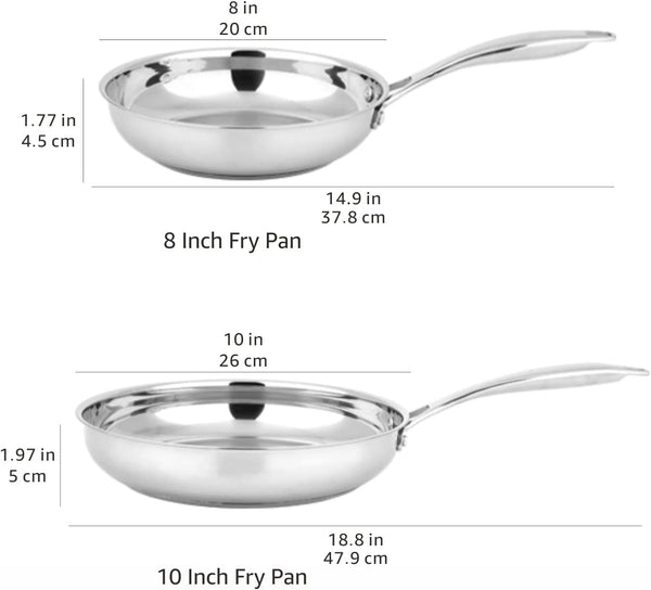 Stainless Steel Frying Pan Set, Induction Compatible Skillet, Oven Safe, Heat Distributes Evenly, 8-Inch & 10-Inch, 2-Piece5