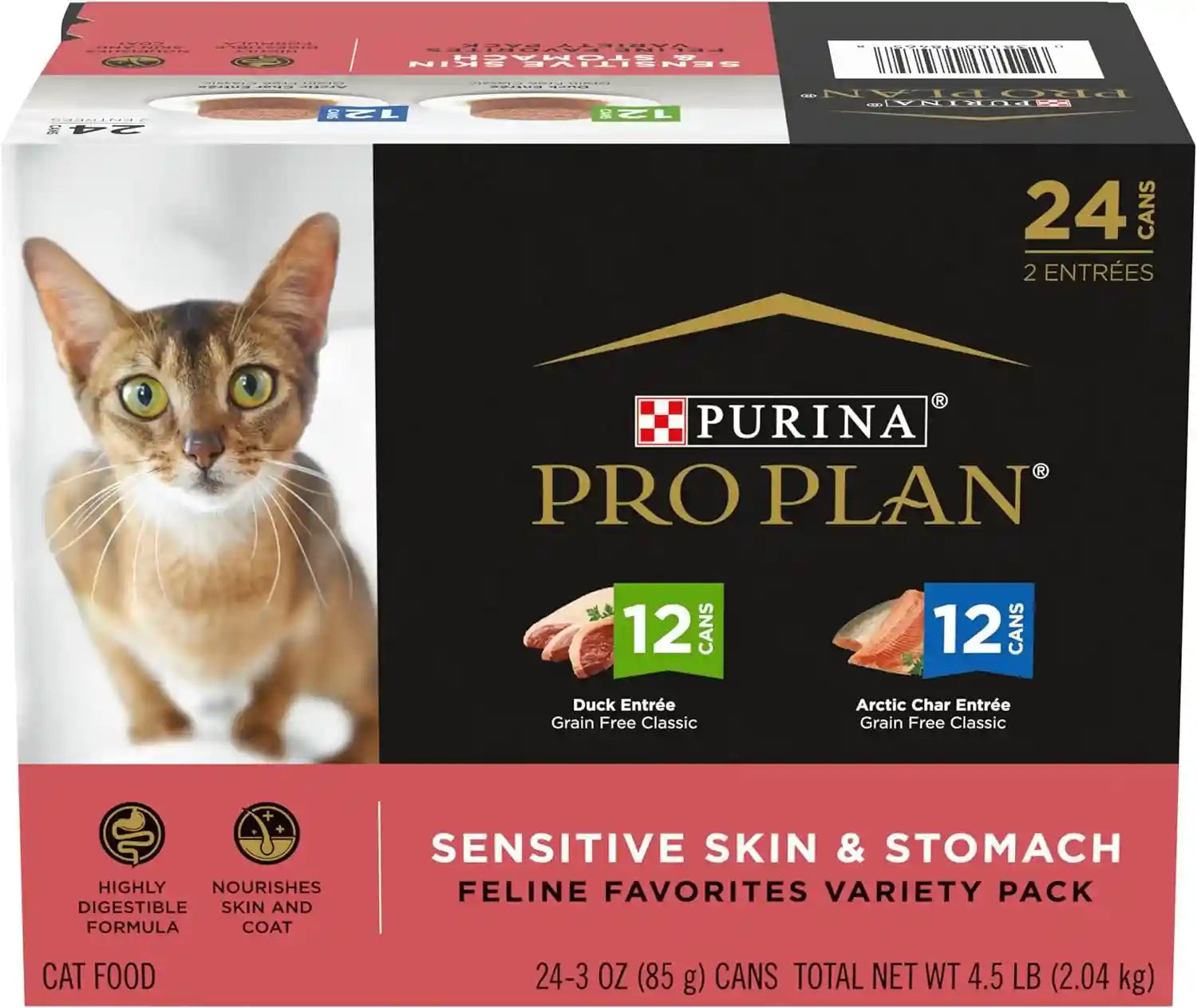 purina-pro-plan-sensitive-skin-and-stomach-wet-cat-food-variety-pack-duck-and-artic-char-entrees-pack-of-24-3-oz-cans