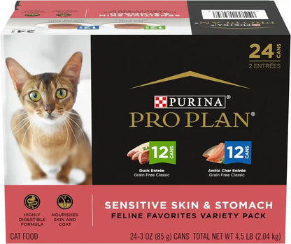 Purina Pro Plan Sensitive Skin and Stomach Wet Cat Food Variety Pack, Duck and Artic Char Entrees - (Pack of 24) 3 Oz. Cans1