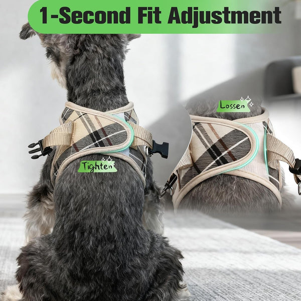 EXPAWLORER Plaid Small Dog Harness and Leash Set with Airtag Holder - No Pull Soft Padded Step in Dog Vest Harness Medium Sized Dog, Reflective Puppy Harness, Collar and Leash for Walking, Khaki S4
