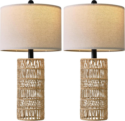 22.5" Boho Table Lamps Set of 2 for Living Room, Bedside Lamp for Nightstands, Rattan Lamp for Bedroom, Farmhouse Table Lamp for Room Decor, End Table, Retro, Brown（Not Include Bulbs）8