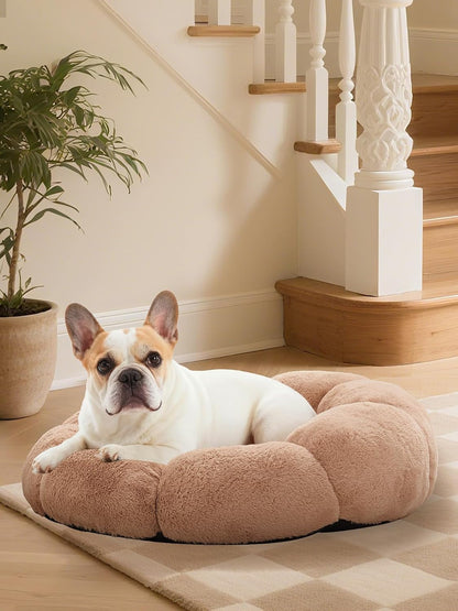 Ohgeni 31 Inches Calming Donut Orthopedic Dog & Cat Bed for Medium Pets, Warming Comfort Fluffy Short Pile Fur, Durable Waterproof Machine Washable Removable Cover, Cute round Bed for Puppy, Camel10