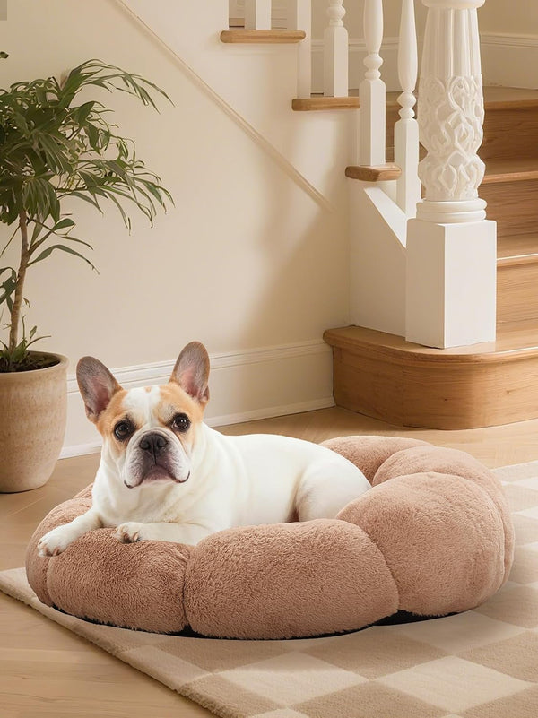 Ohgeni 31 Inches Calming Donut Orthopedic Dog & Cat Bed for Medium Pets, Warming Comfort Fluffy Short Pile Fur, Durable Waterproof Machine Washable Removable Cover, Cute round Bed for Puppy, Camel10