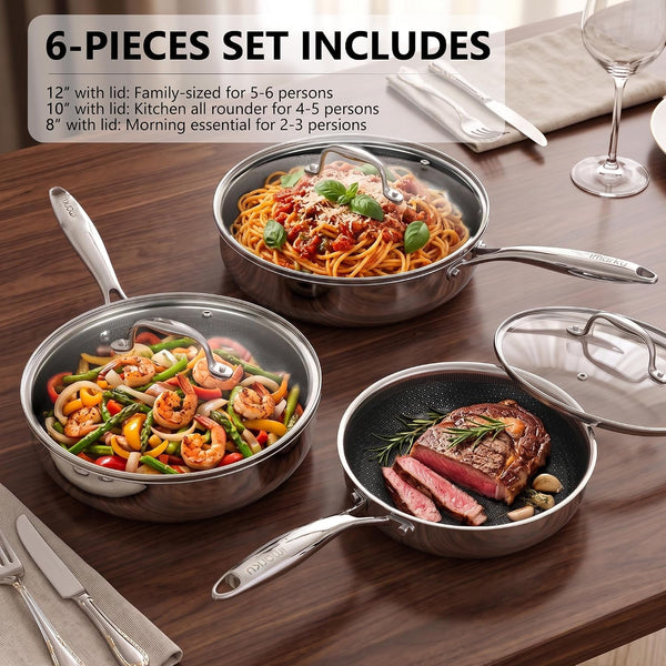8, 10 and 12-Inch Non Stick Frying Pans with Lids, Ceramic Coating | 6-Piece Stainless Steel Cookware Set for Home Cooking, Dishwasher Friendly, Oven Safe, Induction Ready, for Men and Women2