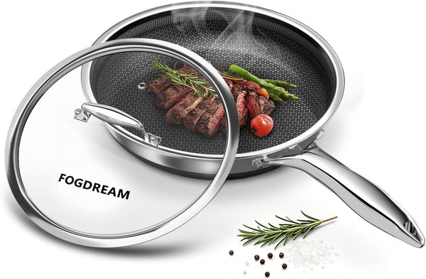 10 Inch Nonstick Frying Pan with Lid, Honeycomb Hybrid Stainless Steel Skillet, Tri-Ply Induction Compatible, Non Toxic Frying Pan, Oven Safe, Dishwasher Safe, Silver1