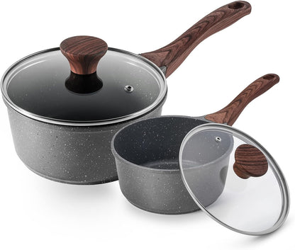 Nonstick Sauce Pan Set with Lid, 1.5+2 Quarts, PFOA/PFOS Free | Swiss Granite Coating Sauce Pot Kitchen Cooking Pot Sets, Induction Compatible1