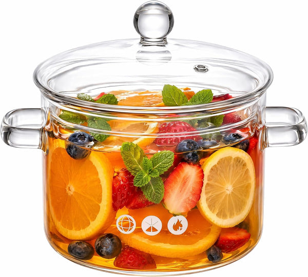 1.9L/64Oz Borosilicate Glass Simmer Pot & Saucepan with Lid, Clear Glass Cookware for Stovetop – Glass Pan, Glass Cooking Pot, Glass Pots for Soup Pasta Baby Food & Potpourri Simmer Pot1