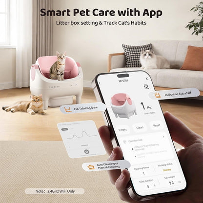 Thereye Self Cleaning Cat Litter Box, Open-Top Automatic Litter Box with APP Control, Safety Sensor and 10L Large Waste Bin, Smart Kitty Litter Boxes with Trash Bags and Mat for Multiple Cats2