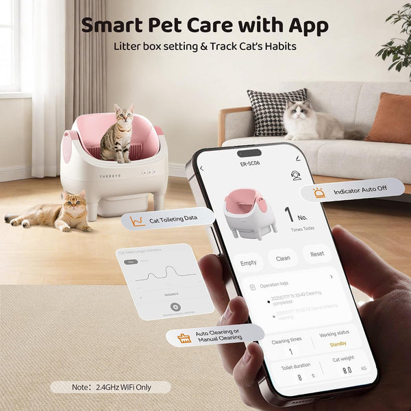 Thereye Self Cleaning Cat Litter Box, Open-Top Automatic Litter Box with APP Control, Safety Sensor and 10L Large Waste Bin, Smart Kitty Litter Boxes with Trash Bags and Mat for Multiple Cats2