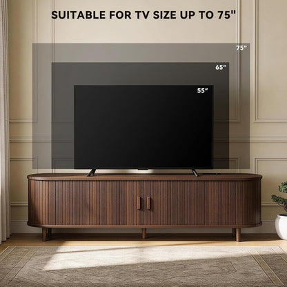 65" Mid Century Modern TV Stand with Power Outlet, Fluted Entertainment Center with Storage and Adjustable Shelves, Wood TV Console with Sliding Doors for Living Room, Walnut7