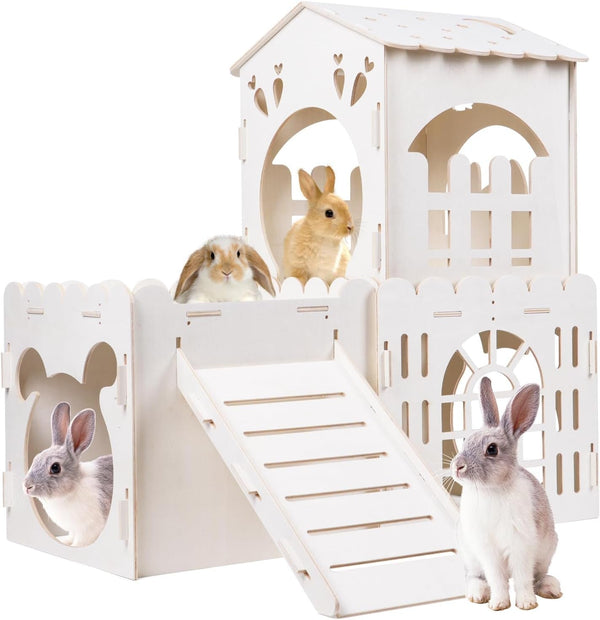 Large Rabbit House, Wooden Bunny Castle with 3 Houses Indoor, Rabbit Guinea Pig Cage Multistory Climbing Tower Sturdy Wooden Castle, Small Animal Hideaway Tunnel1