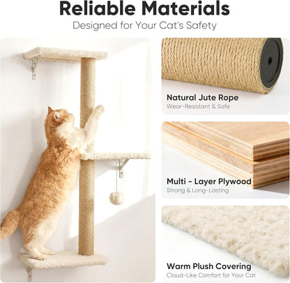 FUKUMARU Cat Wall Shelves, 4 in 1 Set, Beige | Stable & Safe Cat Walls Furniture, Wooden Kitten Climbing Wall with Scratching Post for 16 Inch Drywall3