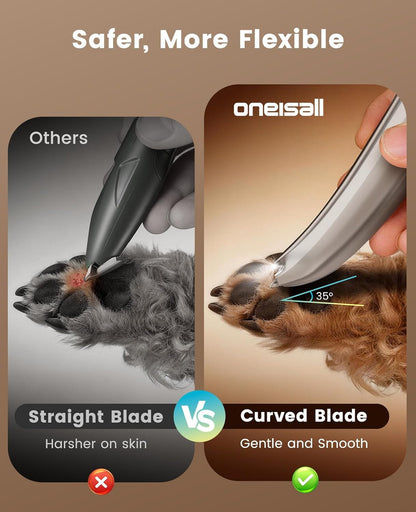Oneisall Dog Paw Trimmer with LED Light & Skin-Friendly Curved Blade | Low Noise Paw Clippers, 2-Speed 6500 RPM for Dogs & Cats, Cordless, between Toes & Sensitive Areas3