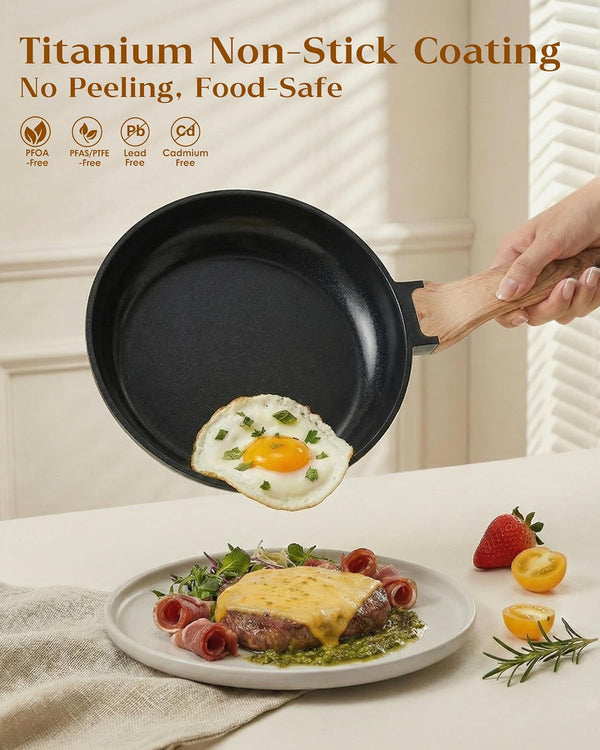 16Pcs Titanium Pots and Pans Set,Toxic-Free Cookware Set, Dishwasher & Oven Safe, Induction Compatible with Bakelite Wood Grain Handle, Compact and Durable2