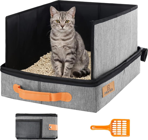 MORAIS Portable Travel Litter Box for Cats, 17.7"×13.5"×11" Collapsible Cat Litter Box with Lid, Leak-Proof Cat Litter Pan for Car Hotel Airplane, Waterproof & Easy to Carry- Gray1
