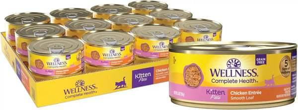 Wellness Complete Health Pate Variety Pack Kitten Canned Wet Cat Food, Natural, Protein Rich, Grain Free, Whitefish and Chicken Recipes, 3 Oz, Pack of 12 Cans10
