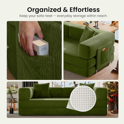 78.8" Convertible Futon Sofa Bed, Boneless Couch for Living Room | Corduroy Boneless Loveseat Sleeper Sofa, Modular Futon Couch with Storage Pocket, Pull Out Couch No Assembly | Green8