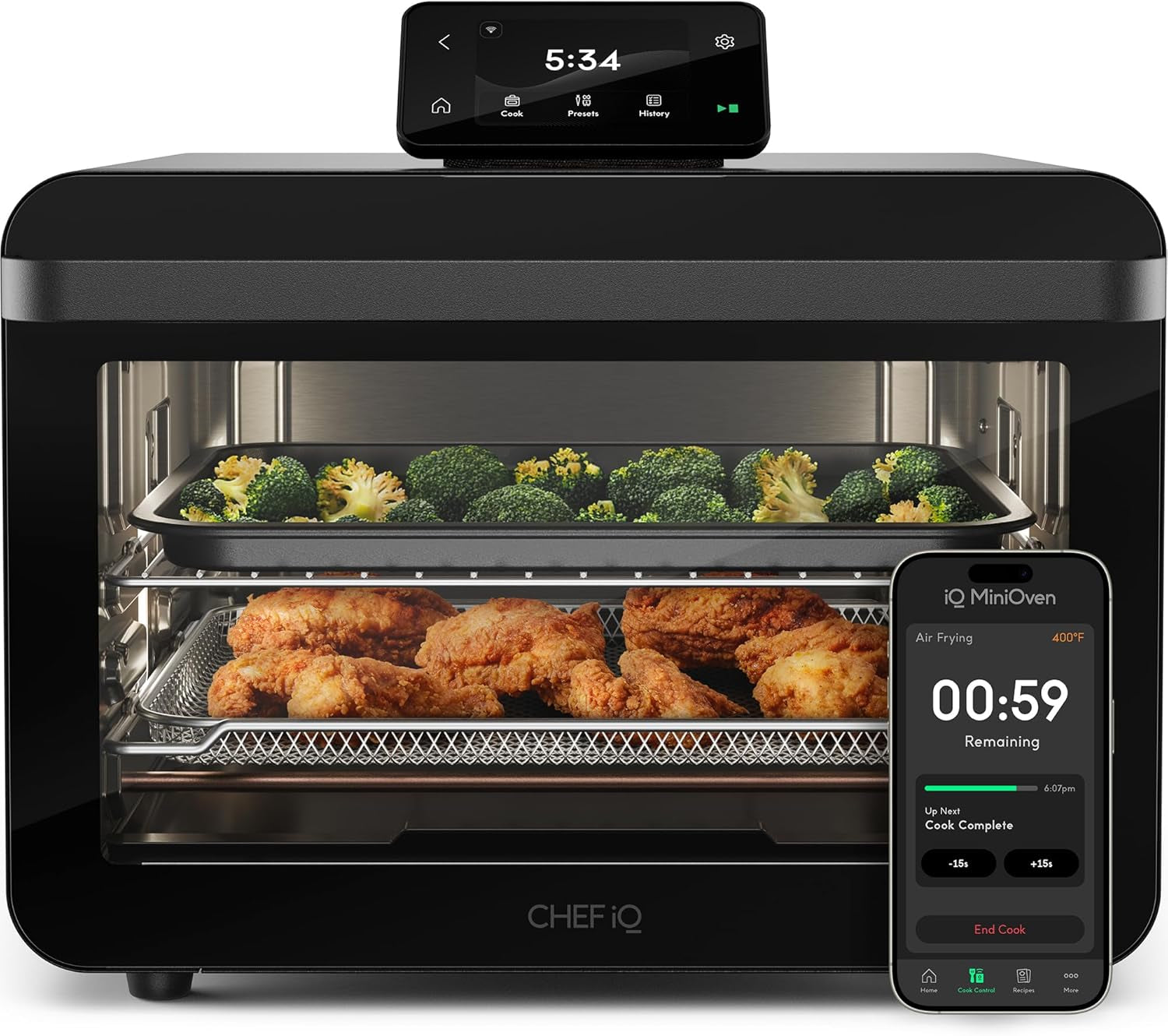 chef-iq-minioven-smart-toaster-oven-air-fryer-combo-11-in-1-countertop-convection-oven-bake-broil-air-fry-broil-dehydrate-1750w-25-qt-capacity-fast-cooking-with-touchscreen-controls-black