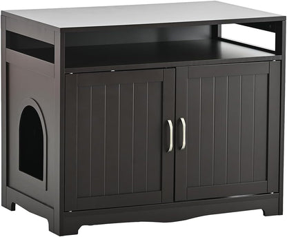 31.5" L Walnut Cat Litter Box Enclosure with Hidden Plug & 2 Doors, Indoor Large Cat Washroom Storage Bench Side Table1