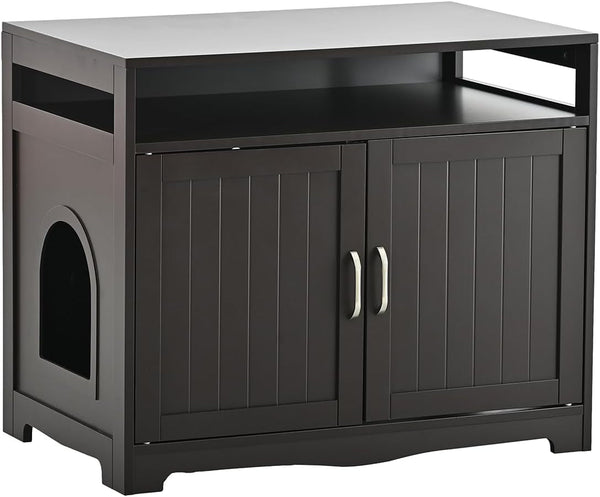 31.5" L Walnut Cat Litter Box Enclosure with Hidden Plug & 2 Doors, Indoor Large Cat Washroom Storage Bench Side Table1
