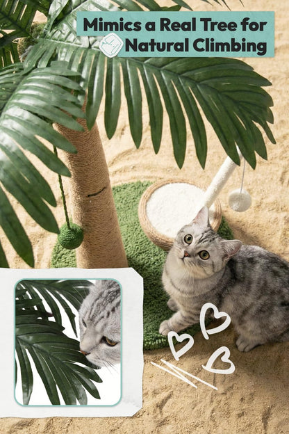 33" Tall Cat Scratching Post, Natural Jute Cat Scratcher for Indoor Cats,Coconut Tree & Straw Design with Hanging Toy Ball & Rest Platform,Stable Furniture Protector for Kittens & Adult Cats,M3