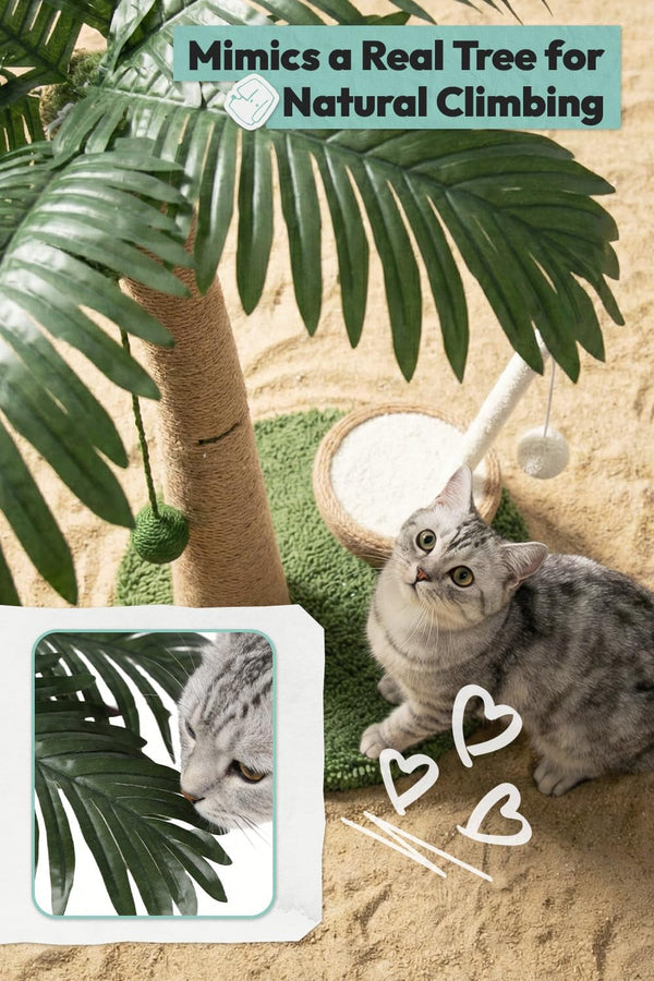 33" Tall Cat Scratching Post, Natural Jute Cat Scratcher for Indoor Cats,Coconut Tree & Straw Design with Hanging Toy Ball & Rest Platform,Stable Furniture Protector for Kittens & Adult Cats,M3