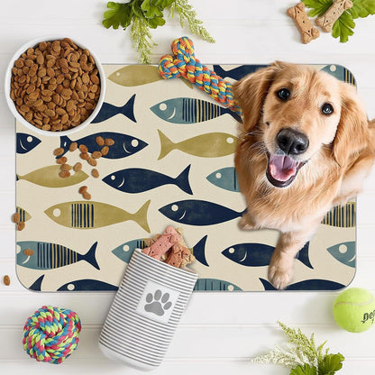 Fish Boho Dog Food Mat for Floors,Ocean Absorbent Quick-Dry Pet Feeding Mat,Cat Dog Bowl Mats for Food and Water,Non-Slip Pet Accessories Supplies 12"X20"7