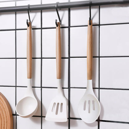 Kitchen Cooking Utensils Set 6Pcs Non-Stick Silicone Kitchen Utensils Spatula Spoon Turner Ladle Pasta Server, Heat Resistant Wooden Handle Silicone Cooking Gadgets Sets for Cookware & Baking8
