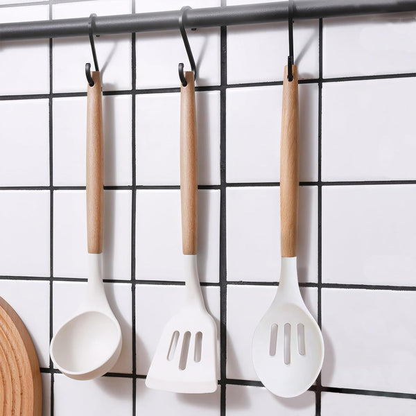 Kitchen Cooking Utensils Set 6Pcs Non-Stick Silicone Kitchen Utensils Spatula Spoon Turner Ladle Pasta Server, Heat Resistant Wooden Handle Silicone Cooking Gadgets Sets for Cookware & Baking8