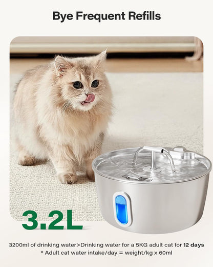 Stainless Steel Cat Water Fountain - 3.2L/108Oz Cat Fountain for Drinking | Quiet Pet Water Fountain for Cats Indoor - Automatic Pet Water Bowl Dispenser - for Kitty & Small Dog2