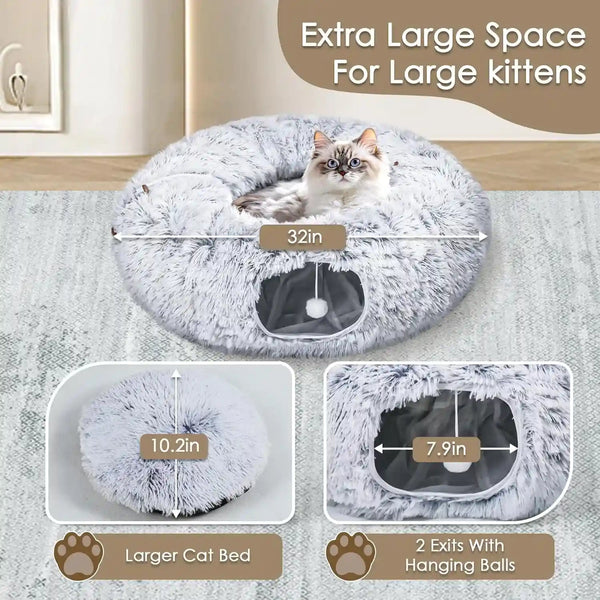 Baseola Fuzzy Cat Tunnel Bed for Indoor Cats, 2-In-1 Interactive Cat Toys | Peekaboo Cat Cave with Washable Mat, Collapsible Cat Play Tunnel for Kittens & Small Pets, Plush Cat Donut Bed Tunnel, Grey3