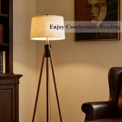 Mid Century Tripod Floor Lamp with Pull Chain,Black & Gold Finish | Two-Tone Solid Wood Design,Linen Tapered Drum Shade,Tall Standing Lamp for Living Room,Bedroom & Reading Corner,Bulb Included6