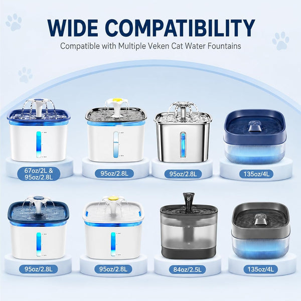 12Pcs Cat Fountain Filter for Veken Water Fountain Filters with 95Oz/2.8L 67Oz/2L 135Oz/4L Cat Water Fountain Dispenser Triple Filtration Cat Water Fountain Filter for Pets2