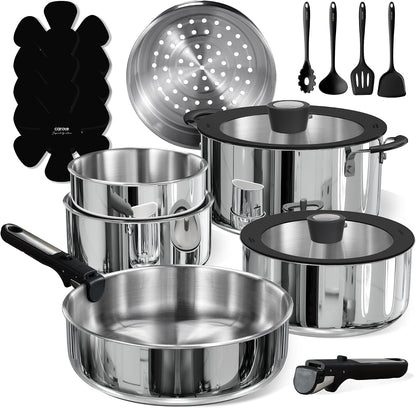 18Pcs Tri-Ply Stainless Steel Cookware Set with Detachable Handle | Pots and Pans Set, Even Heating, Non-Toxic, Induction Compatible, Dishwasher& Oven Safe, Space Saving, Camping Cooking, Black1