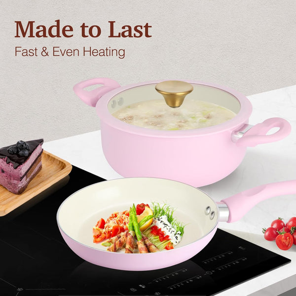 Pots and Pans Set Non Stick, 11Pcs Pink Ceramic Cookware Set | Compact Nonstick Cooking Set, Induction Cookware Set, PFOA & PFAS Free, Non-Toxic, Easy Food Release, Easy to Clean4