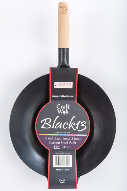Black13 Flat Pre-Seasoned Hammered Carbon Steel Wok with Wooden and Steel Helper Handle (13 Inch, Flat Bottom)8
