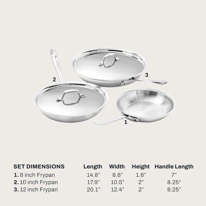 All-Clad D3® Stainless Steel 5 Piece Frypan Set- Made in USA- Includes 8", 10" and 12" Frying Pans with Lid - Professional Grade -Oven Safe & Induction Compatible2