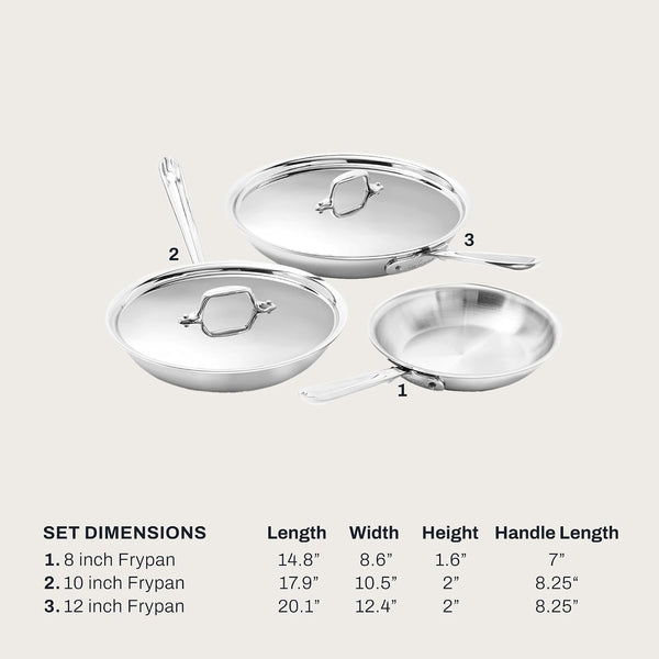 All-Clad D3® Stainless Steel 5 Piece Frypan Set- Made in USA- Includes 8", 10" and 12" Frying Pans with Lid - Professional Grade -Oven Safe & Induction Compatible2