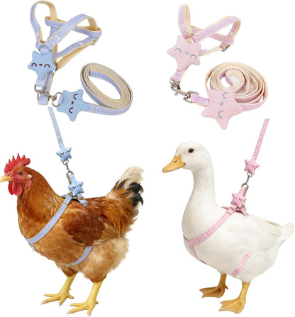 2Pcs Adjustable Chicken Harness and Leash Set, Duck Harness, Blue, Pink | Comfortable Duck Harness and Leash for Real Ducks, Upgraded Easy to Wear Chicken Vest, Goose Traction Rope with Cute Stars1