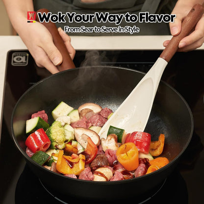 Aluminum Body Flat Bottom Wok, Restaurant & Business Grade Fry Pan Titanium Coated Non-Stick Surface, Wooden Handle, Made in Korea, Deep Large Skillet, Black(17.91"L X 11.22"W X 3.15"H)6