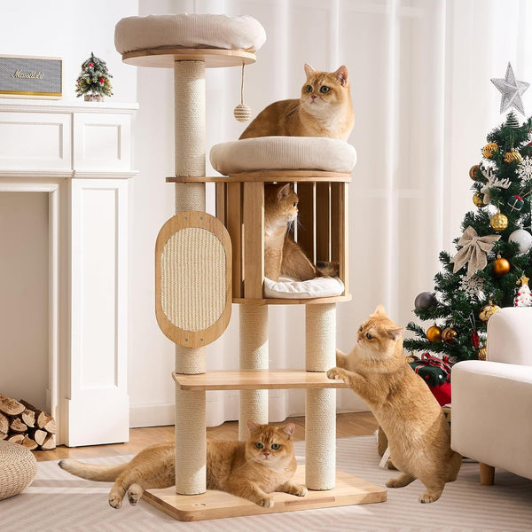 50" Modern Cat Tree for Indoor Cats Small to Medium, Solid Wood Cat Tower with Sisal Scratching Posts, Cat Scratcher Cardboard, Cozy Cat Beds & Hidden Cat Condo, Multi-Level Cat Furniture1