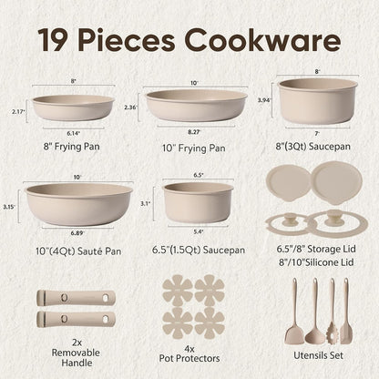 19Pcs Pots and Pans Set Non Stick, Detachable Handle Cookware Sets | Ultra Nonstick, Space Saving, Dishwasher & Oven Safe, Non-Toxic Kitchen/Apartment/Camping/Rv/ Traveling, Taupe2