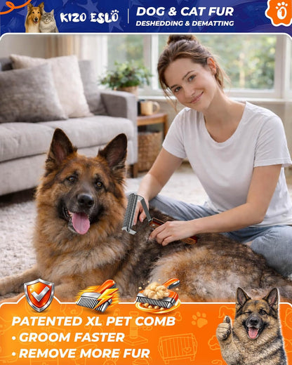Extra Large 2-Sided Undercoat Rake for Dogs & Cats, Dog Brush for Shedding Remove Mats, Dematting Comb, Safe&Gentle Grooming Brush for German Shepherds Medium to Long-Haired Pets,Premium Wooden Handle2