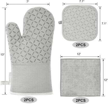 Oven Mitts and Pot Holders 6Pcs Set, Kitchen Oven Glove High Heat Resistant 500 Degree Extra Long Oven Mitts and Potholder with Non-Slip Silicone Surface for Cooking （Greenish Gary）2