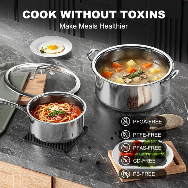 Hybrid Nonstick 8-Pc Stainless Steel Cookware Set,Pots and Pans Set | with 2 Silicone Trivets, 2/3/8-Qt Pots, Etched Surface&Stay-Cool Handles Dishwasher&Oven-Safe, Compatible with All Cooktops4