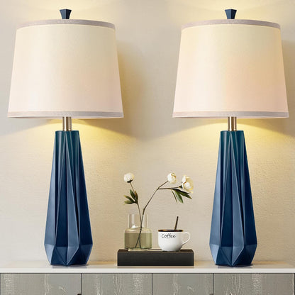 27'' Navy Blue Resin Table Lamps, Desk Lamps with 3 Color Temperature | Prism-Shaped Lamp Body, Rotary Switch, E26 Base, with Linen Shade, Desk Lamps for Living Room, Bedroom, 2 Bulbs Included1